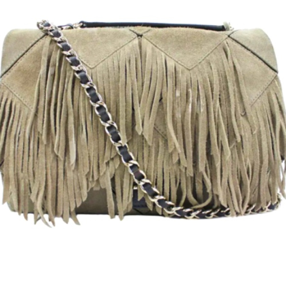 PURIFICATION GARCIA TAUPE SUEDE FRINGE CROSSBODY BAG